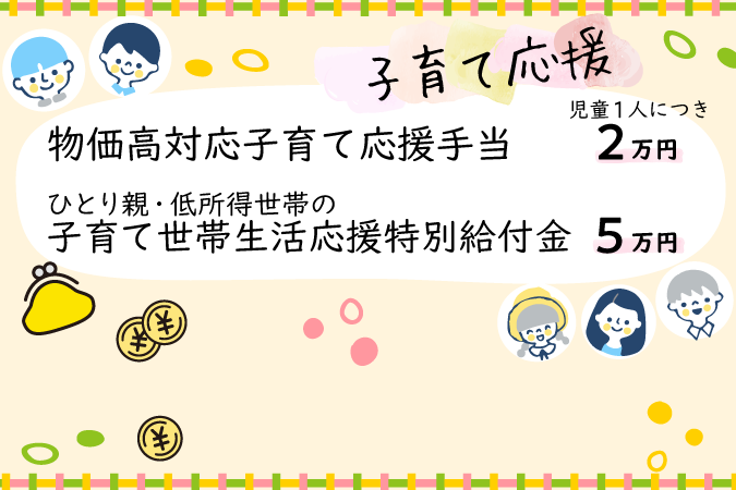 
                    物価高対応子育て応援手当、ひとり親・低所得世帯の子育て世帯生活応援特別給付金
